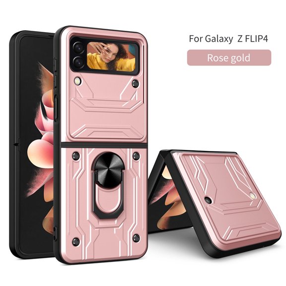 Samsung Galaxy Z Flip 4 Case with Slide Camera Cover, Drop Proof Shockproof Anti-Scratch Magnetic Kickstand Ring Armor Heavy Duty Hybrid Folding Phone Case Samsung ZFlip4, Rosegold