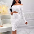 thumbnail image 4 of Women's Fall Off The Shoulder Maxi Dress Spring Long Sleeve Ruched Fitted Bodycon Club Dresses With Slit, 4 of 8