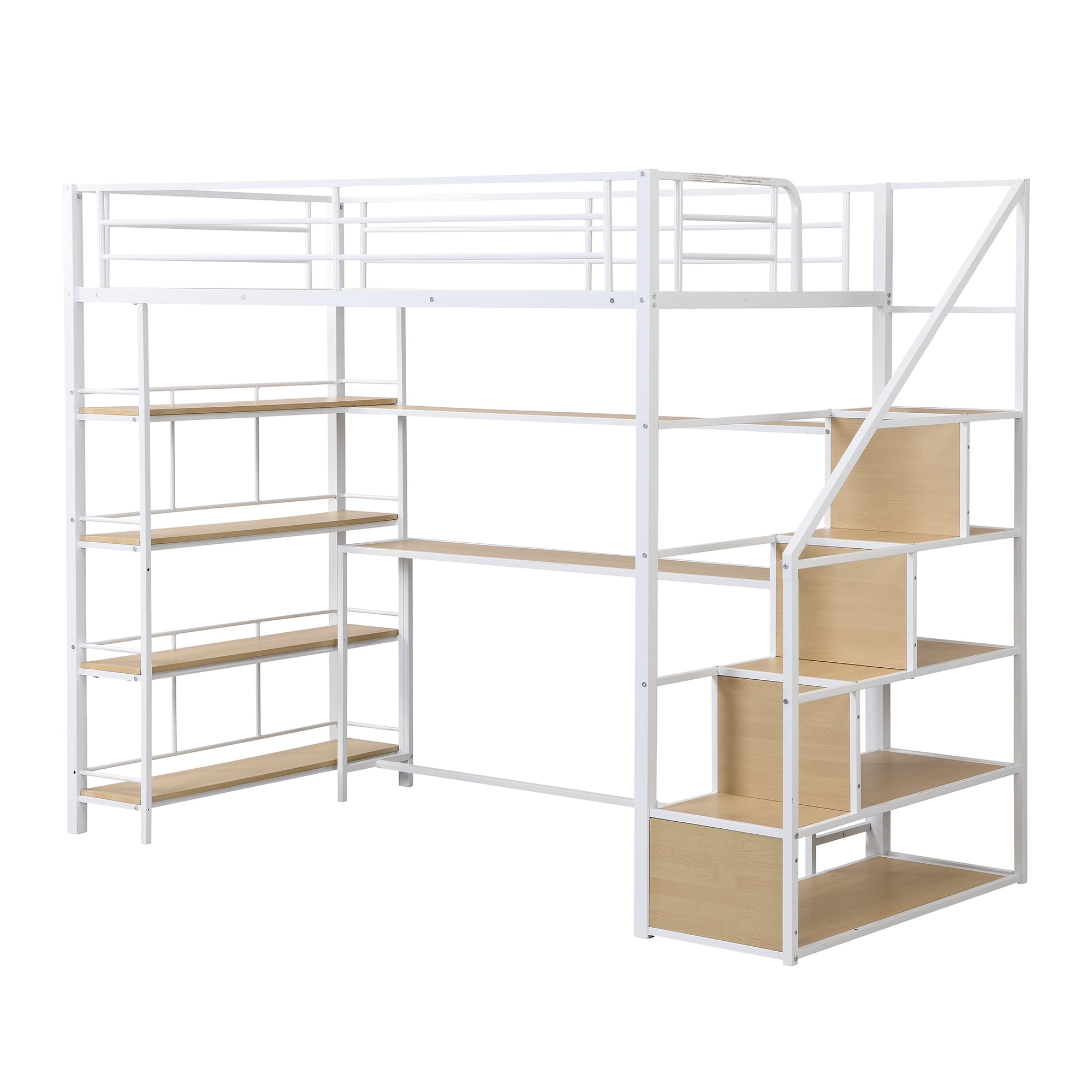 Euroco Metal Twin Bed, Loft Bed with Desk and Bookcase, Shelf and Storage Staircase, White