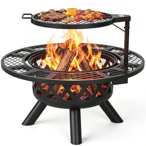 BALI OUTDOORS 32 inch Fire Pit with Poker, Wood Burning Fire Pit Patio for Outside with Grill