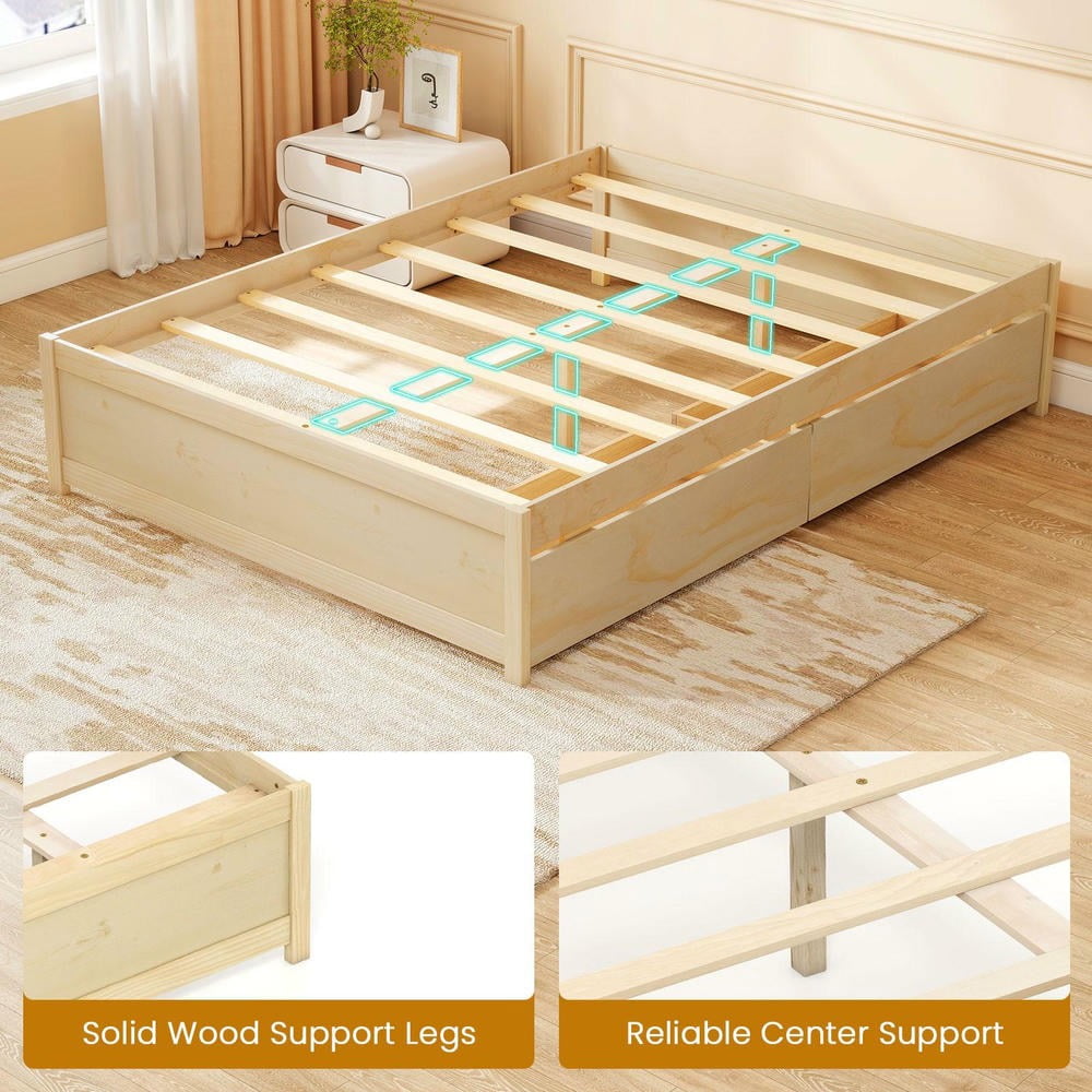 Barara King Full Size Wooden Bedroom Trundle Bed Frame with 2 Rolling Storage Drawers, Bed Platform Frame for Bedroom, Apartment, Natural