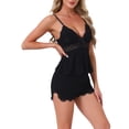 thumbnail image 4 of INSPIRE CHIC Women's Pajama Set Lace V Neck Nightwear Cami Tops with Elastic Waist Slit Shorts Camisole Lingerie Sets S Black, 4 of 6