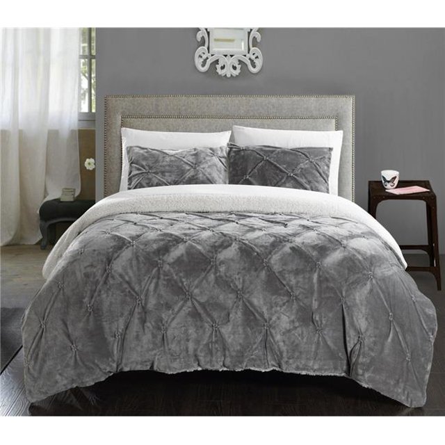 Chic Home CS5062-US Enzo Pinch Pleated Ruffled & Pintuck Sherpa Lined Comforter Set - Grey - Queen - 3 Piece