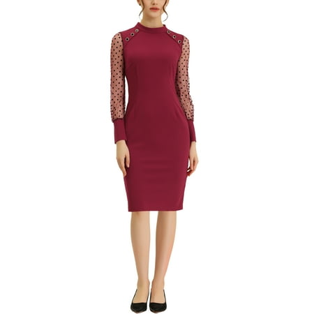 Unique Bargains Women s Mock Neck Mesh Dots Sleeve Button Decor Midi Dress S Burgundy