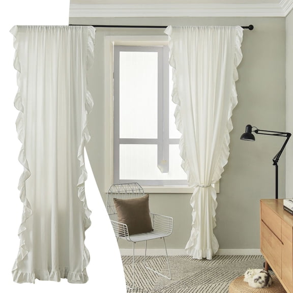 Homesteed Ruffle Curtains Shabby Chic Modern Farmhouse Solid Color Cascading Ruffle Border Rod Pocket Light Filtering Window Curtain Panel