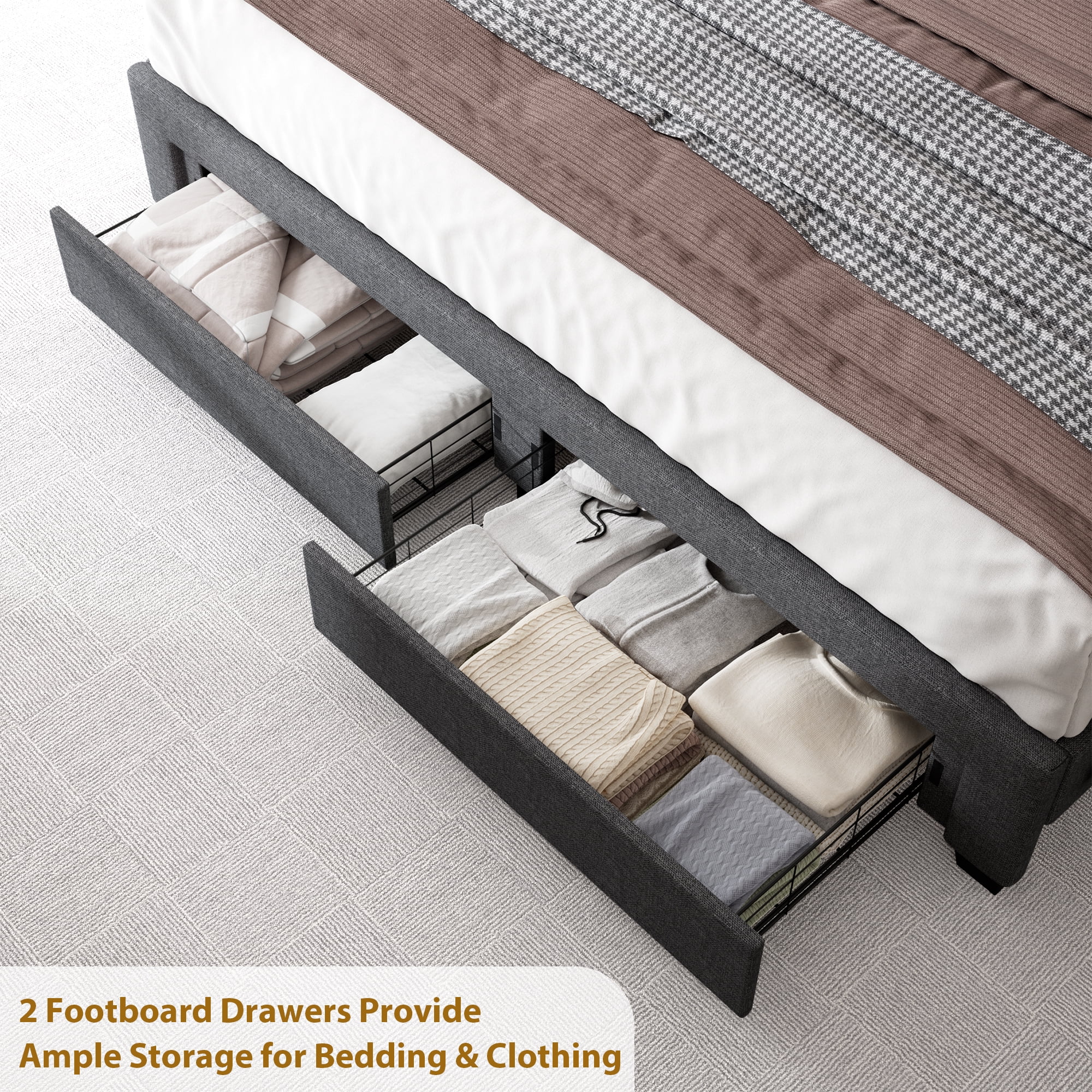 Gewnee Full Size Upholstered Linen Bed Frame with Storage Headboard, 2 Drawers & Charging Station, No Box Spring Needed, Grey