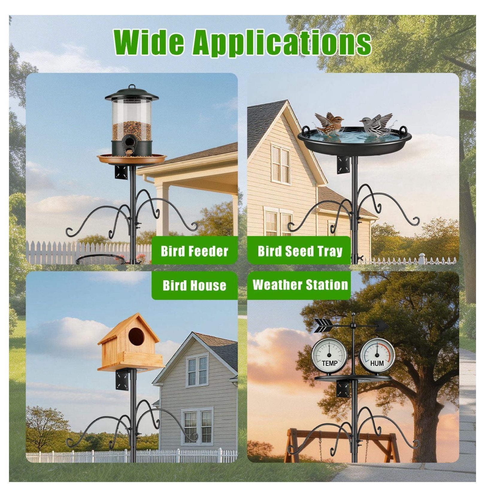 Bird Feeder Pole with Squirrel Baffle, Adjustable Height 32-94", 5-Prong Base, Outdoor Feeding Station with 4 Hooks, Birdhouse Brackets for Garden Yard