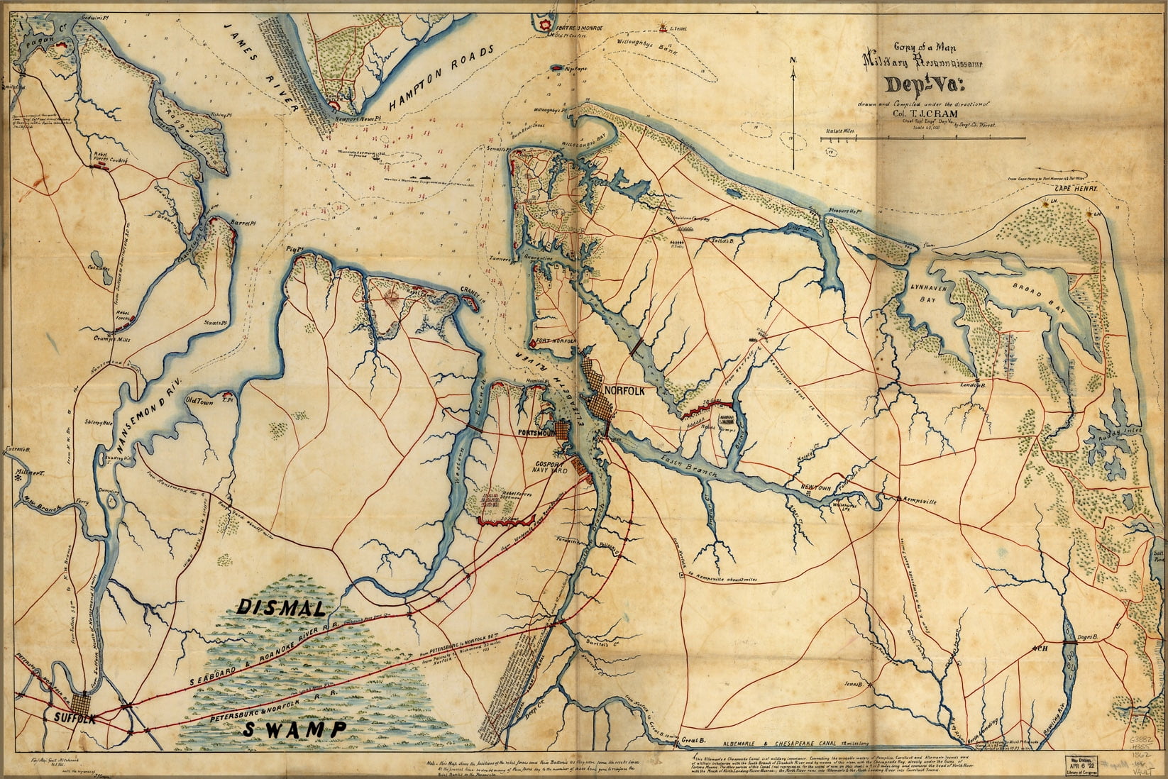 24"x36" Gallery Poster, civil war map Hampton Roads Norfolk virginia 