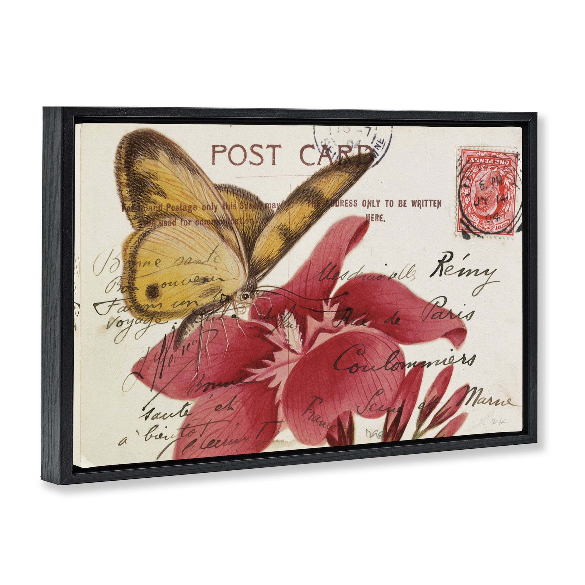 Stupell Industries Antique Postcard & Butterfly Insects Painting Black Floater Framed Canvas Art Print Wall Art, 31 x 21
