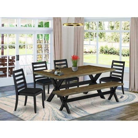 East West Furniture X677X1624-6 - 6-pc modern dining set - a dinner table & a bench & 4 stackable chairs with Black Linen Fabric- Wire-brushed Black