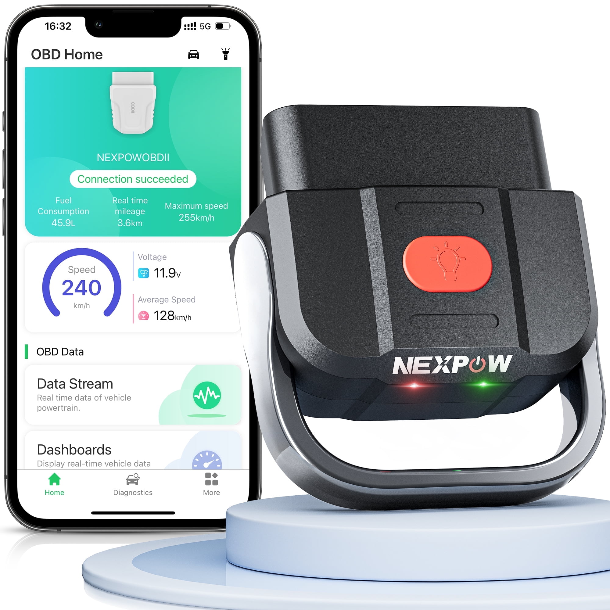 NEXPOW Bluetooth OBD2 Scanner, Code Reader for iOS & Android, Car Scan Tool with Performance Test, Exclusive APP, Black