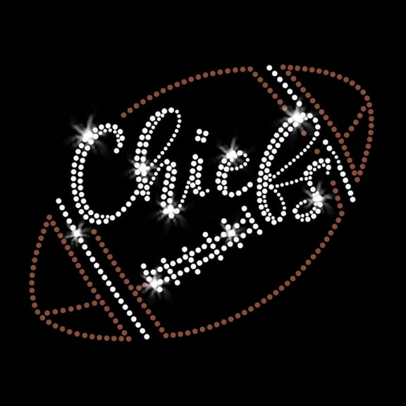 Chiefs Script Football Sparkly Bling Iron-on Clear Crystal Rhinestone & Brown Rhinestud Transfer