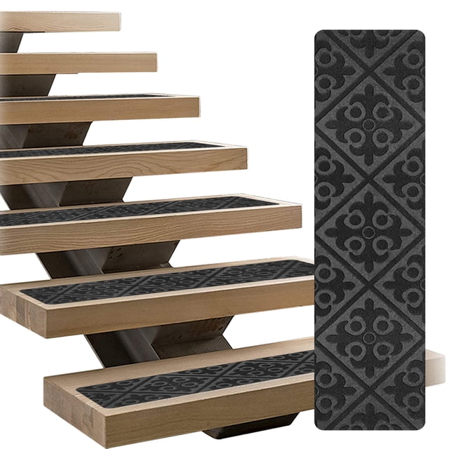 LINCONSON 15 Pack Embsossed Grey Anti Slip Carpet Stair Tread | 8” x 30” | Removable and Washable Runners for Stairs with Adhesive Free Rubber Backing