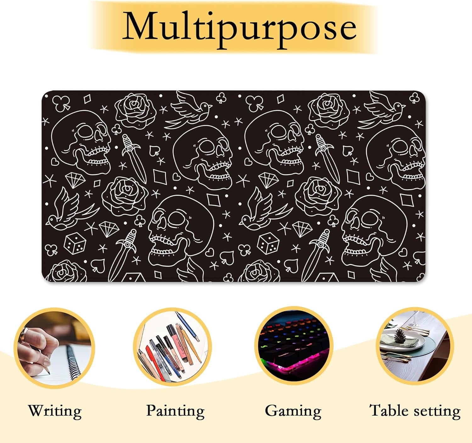 Skull Head with Rose Desk Mat,Large Gaming Mouse Pad,Non-Slip Rubber Base Mousepad with Stitched Edges,Waterproof Mouse Mat Desk Pad for Work, Game, Office (31.5x15.7 in)