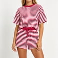 thumbnail image 2 of PRINxy Women's Striped 2 Piece Casual Set, Crew Neck Short Sleeve Tee Elastic Waist Drawstring Shorts Soft Summer Loungewear Red L, 2 of 6