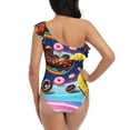 thumbnail image 5 of Uemuo Space Colorful Donut Print Women's One Piece Swimsuit Asymmetrical Neck Bathing Suit One Shoulder Side Cutout Ruffle Swimwear-Large, 5 of 6