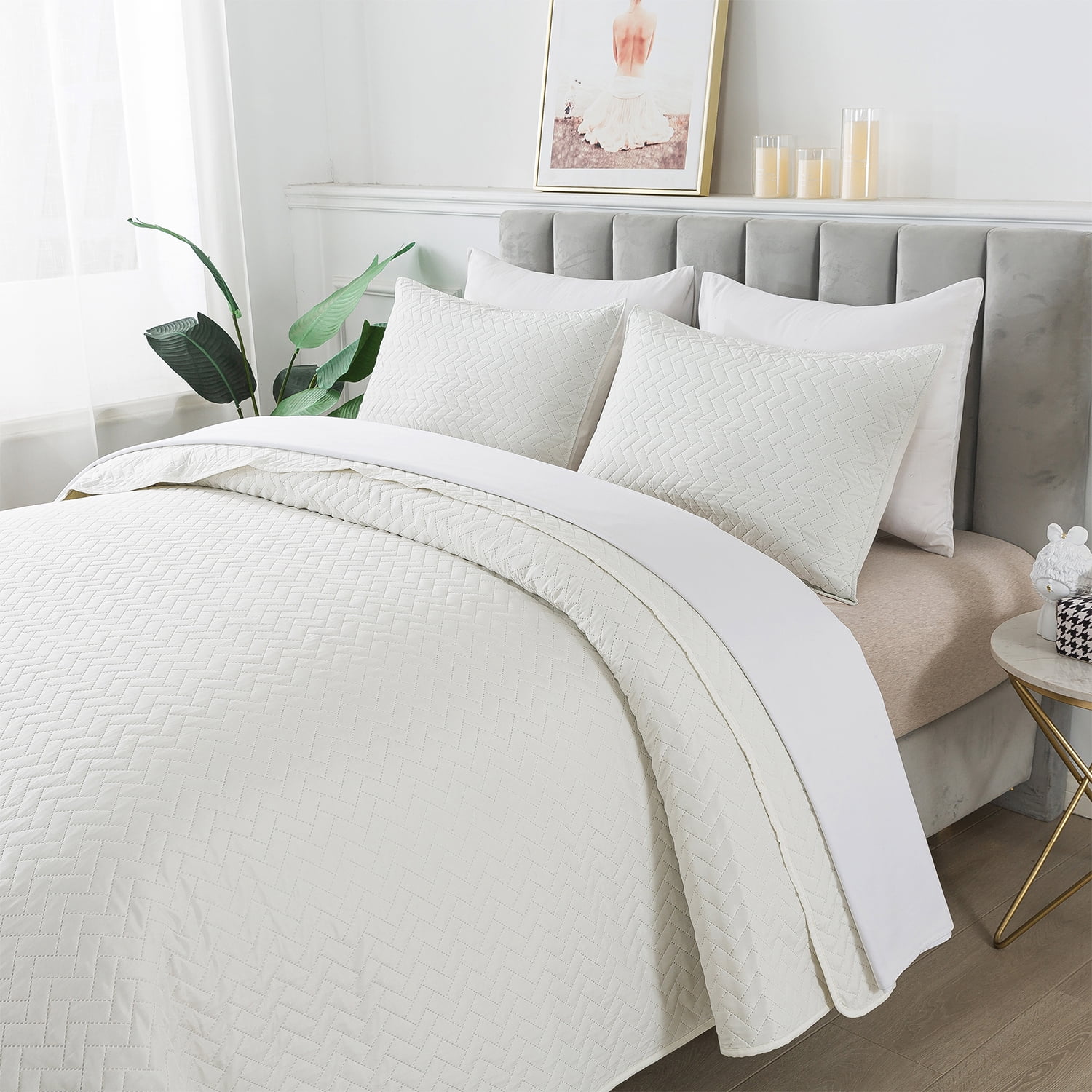 JML Quilt Set Queen Size Lightweight Bedspread, Soft Summer Quilt Bedding Set Coverlet for All Seasons with 3 Piece (1 Quilt, 2 Pillow Shams), White