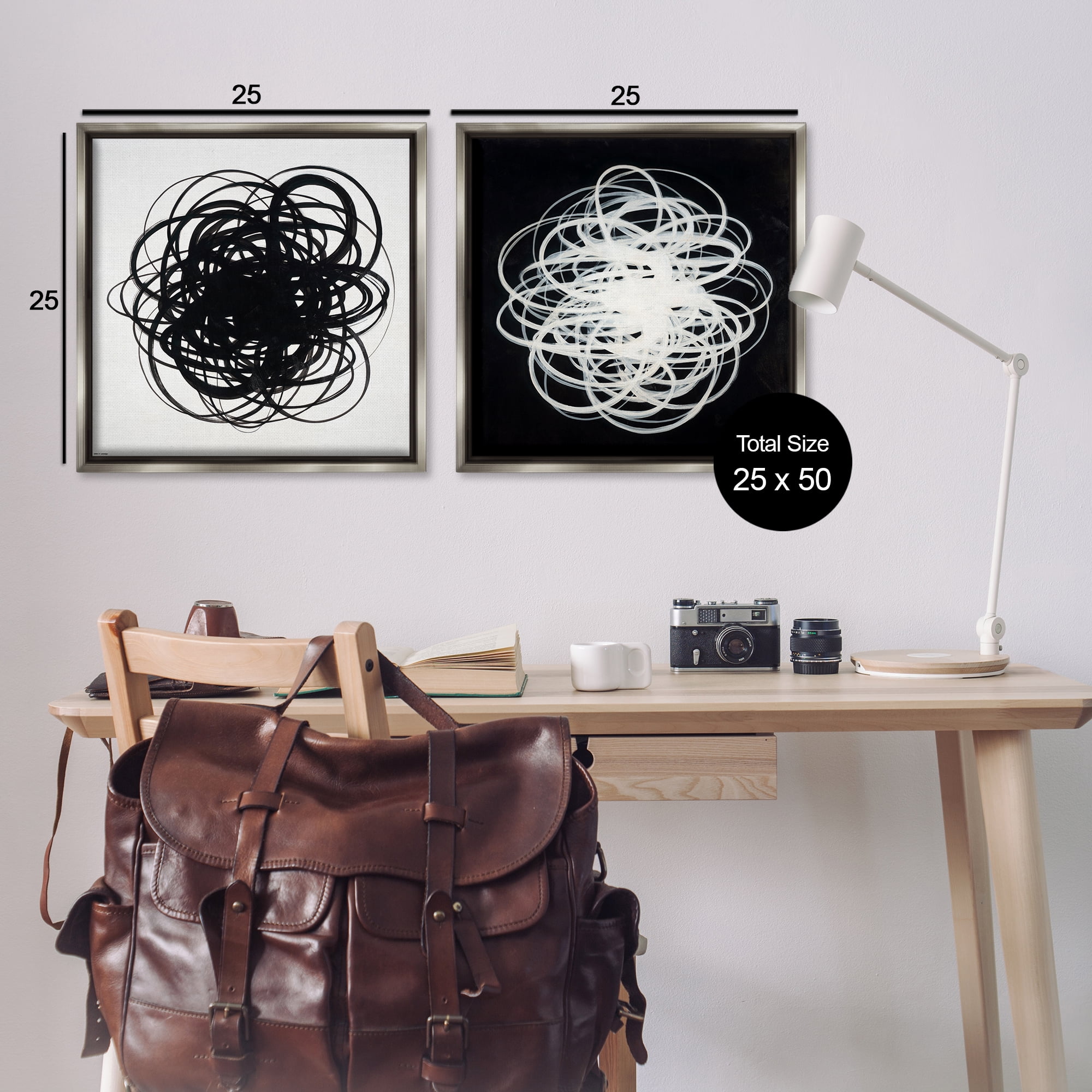 Stupell Industries Black & White Tangled Lines Abstract Painting Gray Floater Framed Canvas Art Print Wall Art, 25 x 25, Set of 2