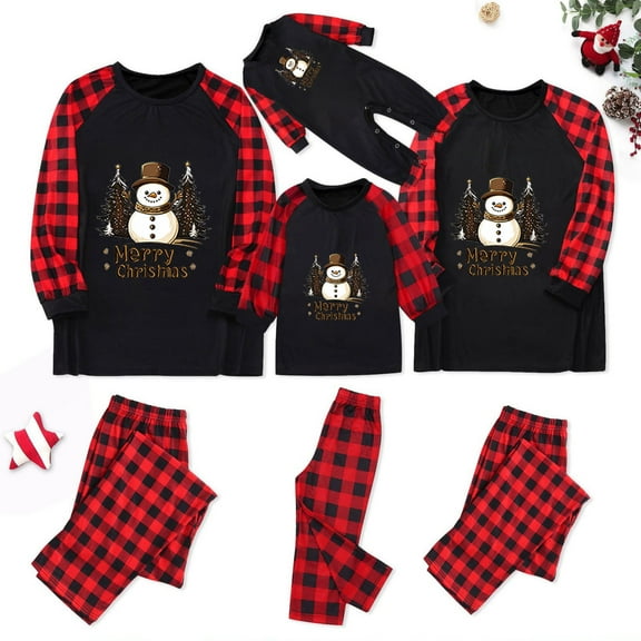 Odeerbi Christmas Pajamas for Family Holiday Plaid Long Sleeve Family Christmas Pajamas Matching Sets Infant Merry Christmas Print Parent-child Suit Two-Piece Sleepwear Xmas PJs Set Black