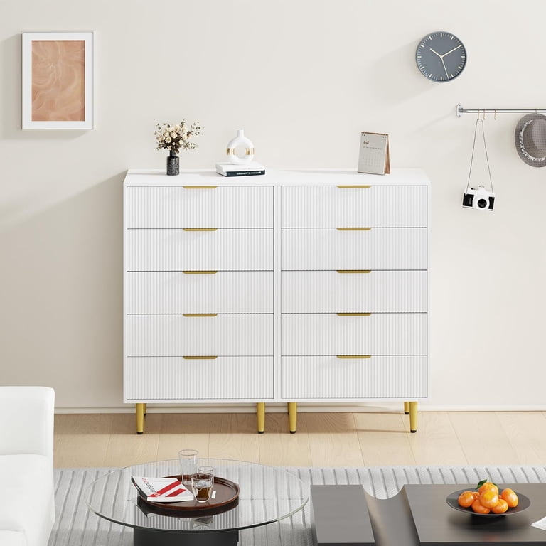 white and gold dresser tall 5-Drawer Modern with Fluted Panels – Wood Grain Cabinet with Metal Legs, 48