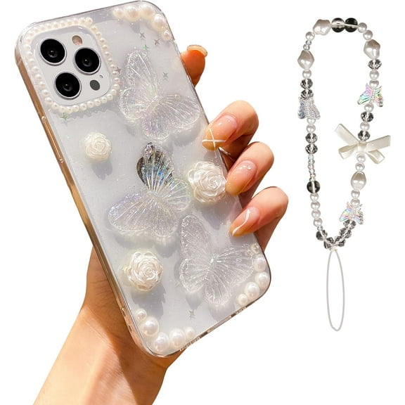 for iPhone 15 Pro Max Clear Case 3D Butterfly with Aesthetic Rose Floral Glitter Crystal Pearl Chain Wrist Strap Sparkle Shiny Girly Phone Case for Women Girls Soft TPU Protective Cover