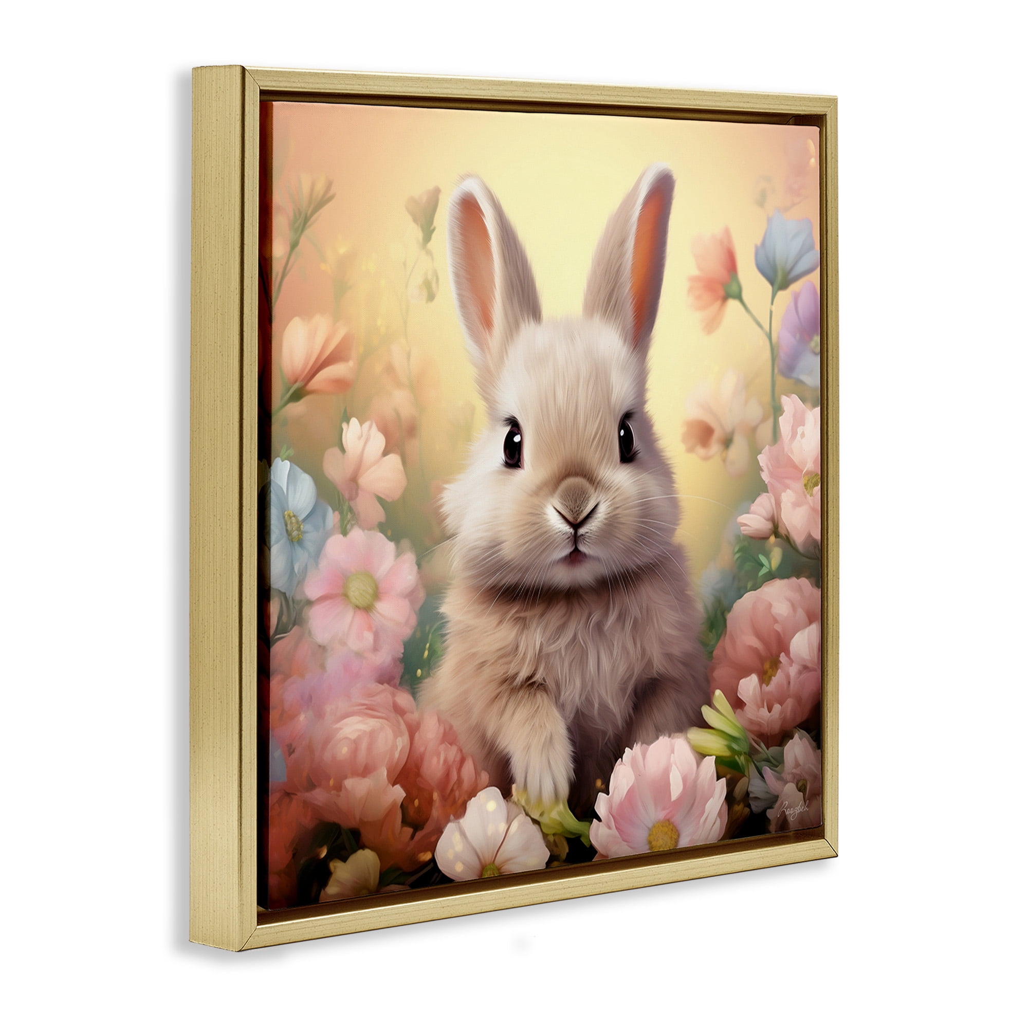 Stupell Industries Bunny in Meadow Animals & Insects Painting Gold Floater Framed Canvas Art Print Wall Art, 18 x 18
