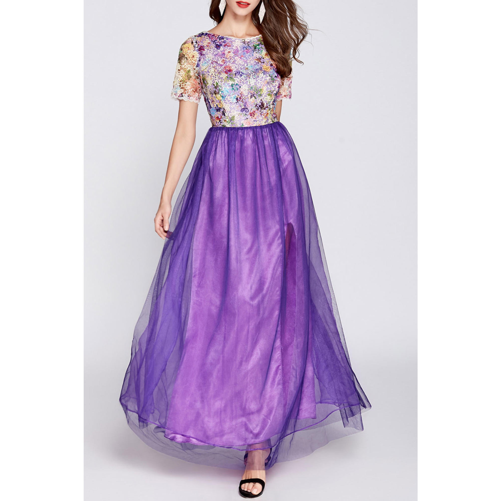Unomatch - Junior Short Sleeve Floral Mesh Evening Dress - Walmart.com ...