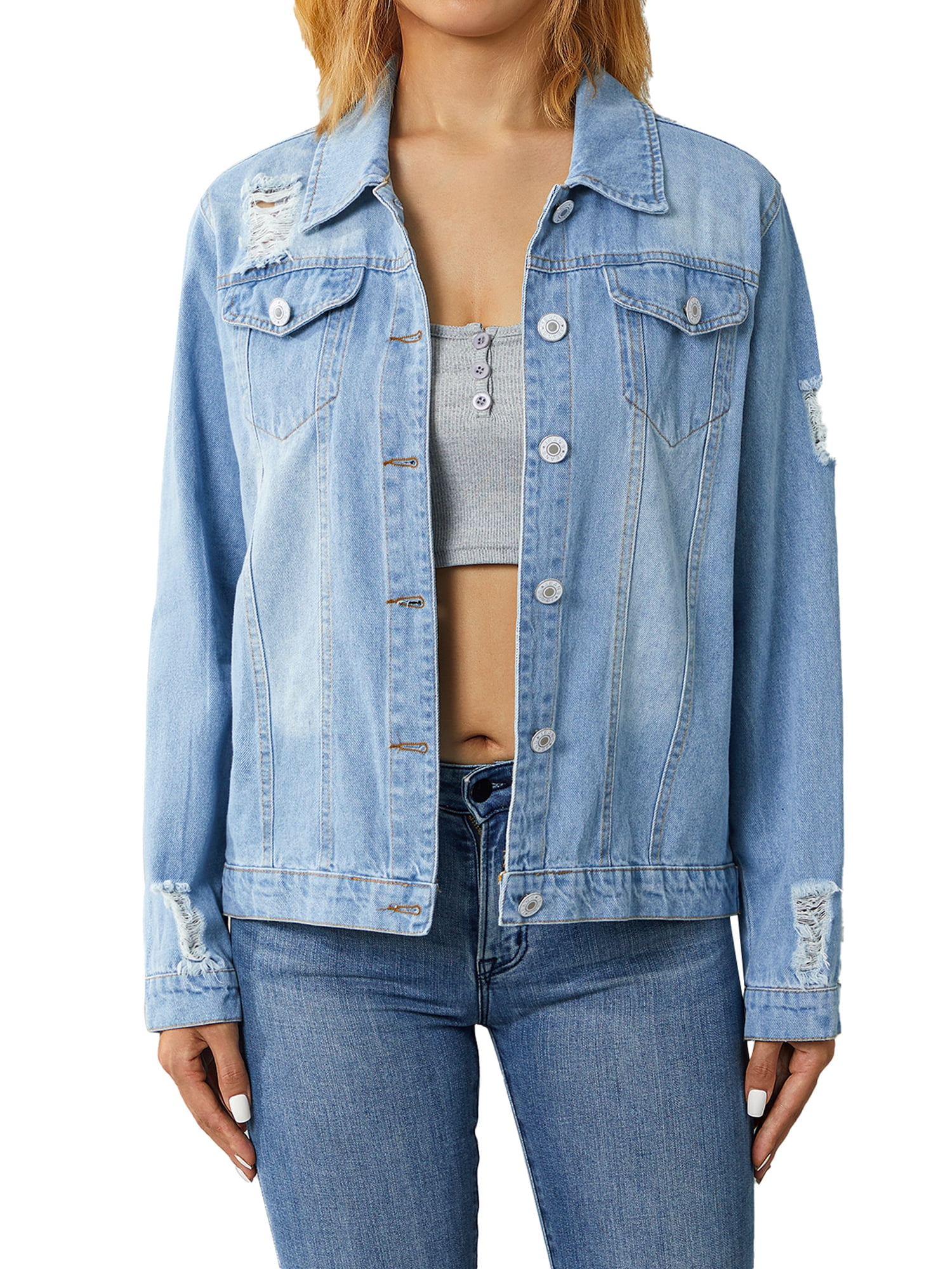 Women's Ripped Denim Jacket Long Sleeve Button Up Slim Fit Jackets
