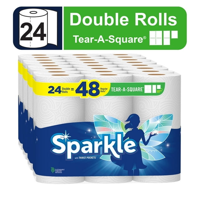 Sparkle Tear-a-Square Paper Towels, 24 Double Rolls, White, Customizable Sheet Size Paper Towel (2 Pack)