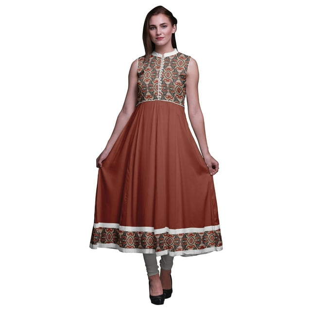 Bimba Kurtis Indiennes Damassées Rouge Brique pour Femmes, Anarkali Prête à Porter Unie, Robe Imprimée Kurti Indienne, Moyen