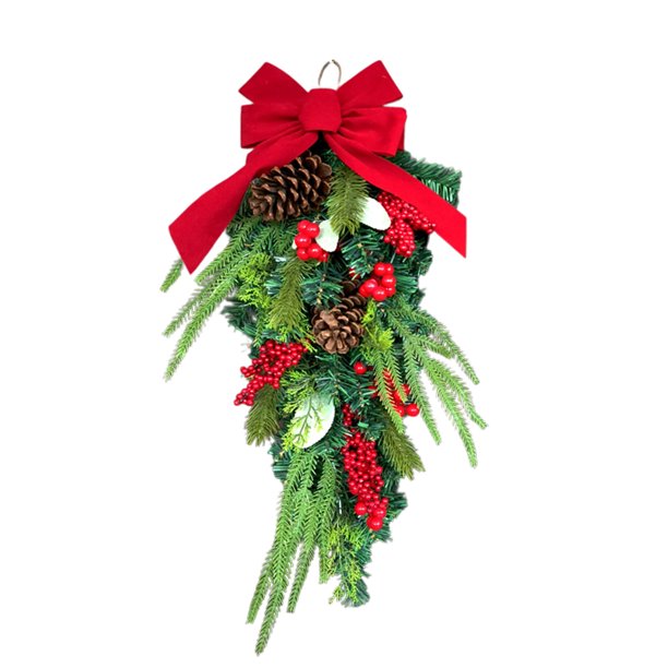 Hogar y cocina, Decoración del hogar, Colgante de decoración navideña de 45 cm/17,72 pulgadas con forma de gota de agua invertida para árbol de Navidad, guirnalda de ratán con bayas rojas flocadas par