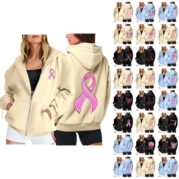 Breast Cancer Awareness Hoodies for Women Long Sleeve Loose Casual Zip Up Jacket Hooded Sweatshirt with Pockets