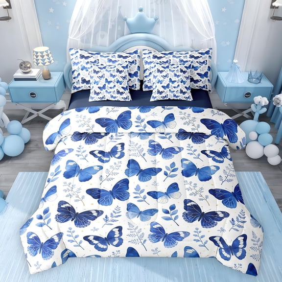 Feelyou Cartoon Butterfly Bedding Comforter Set 7 Pieces, Blue Leaf Plant Full Bedding Set
