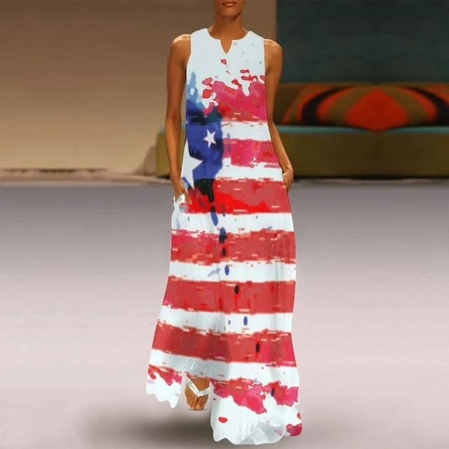 SMihono Robe Maxi Bohème d'Été pour Femmes Grande Taille Mode Col en V Sans Manches Soirée d'Été Impression Poches Gilet Longue Robe de Plage