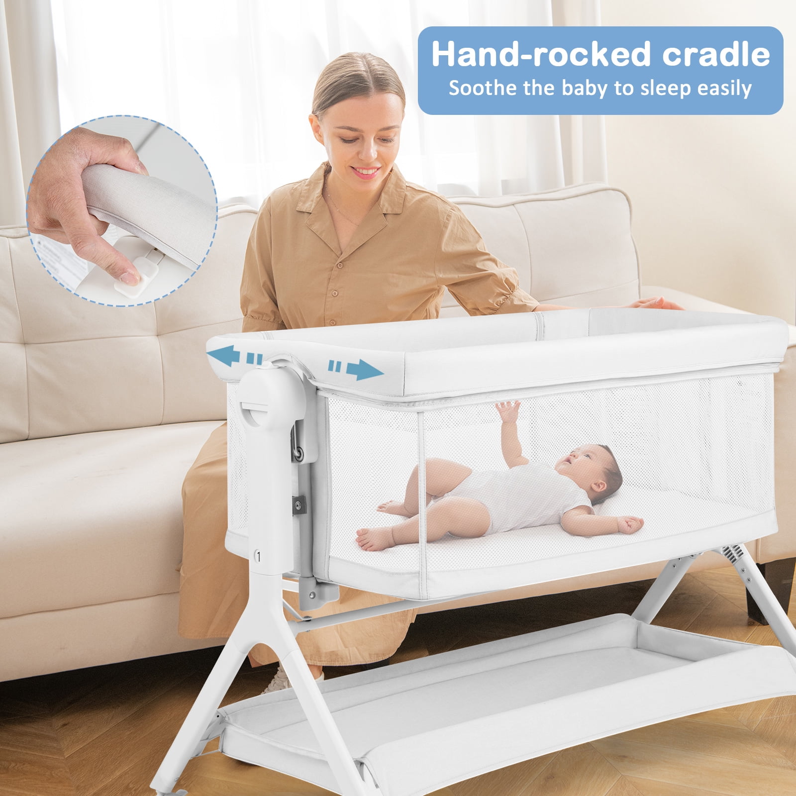 INFANS 5 in 1 Baby Bassinet, Upgraded Flat Rocking Bedside Sleeper with Wheels, Storage Basket, Travel Bag, Mosquito Net, Height Adjustable, Portable All Mesh Crib for Newborn/Infant