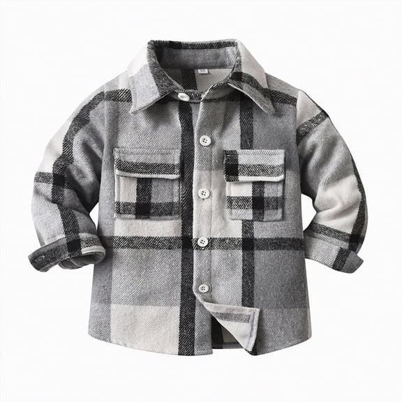 Ccpelsie Kids Flannel Shirts Plaid Button Down Long Sleeve Shirt Fall Winter Clothes Lightweight Jacket for Girls Boys(Grey,18-24 Months)