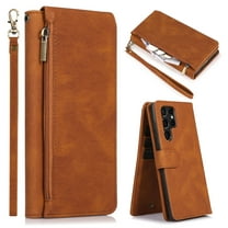 Samsung Galaxy S22 Ultra Wallet Case, Dteck Matte PU Leather Flip Cover Zipper Pocket Card Holder Stand Case for Samsung Galaxy S22 ultra 6.8 inch 2022, Brown