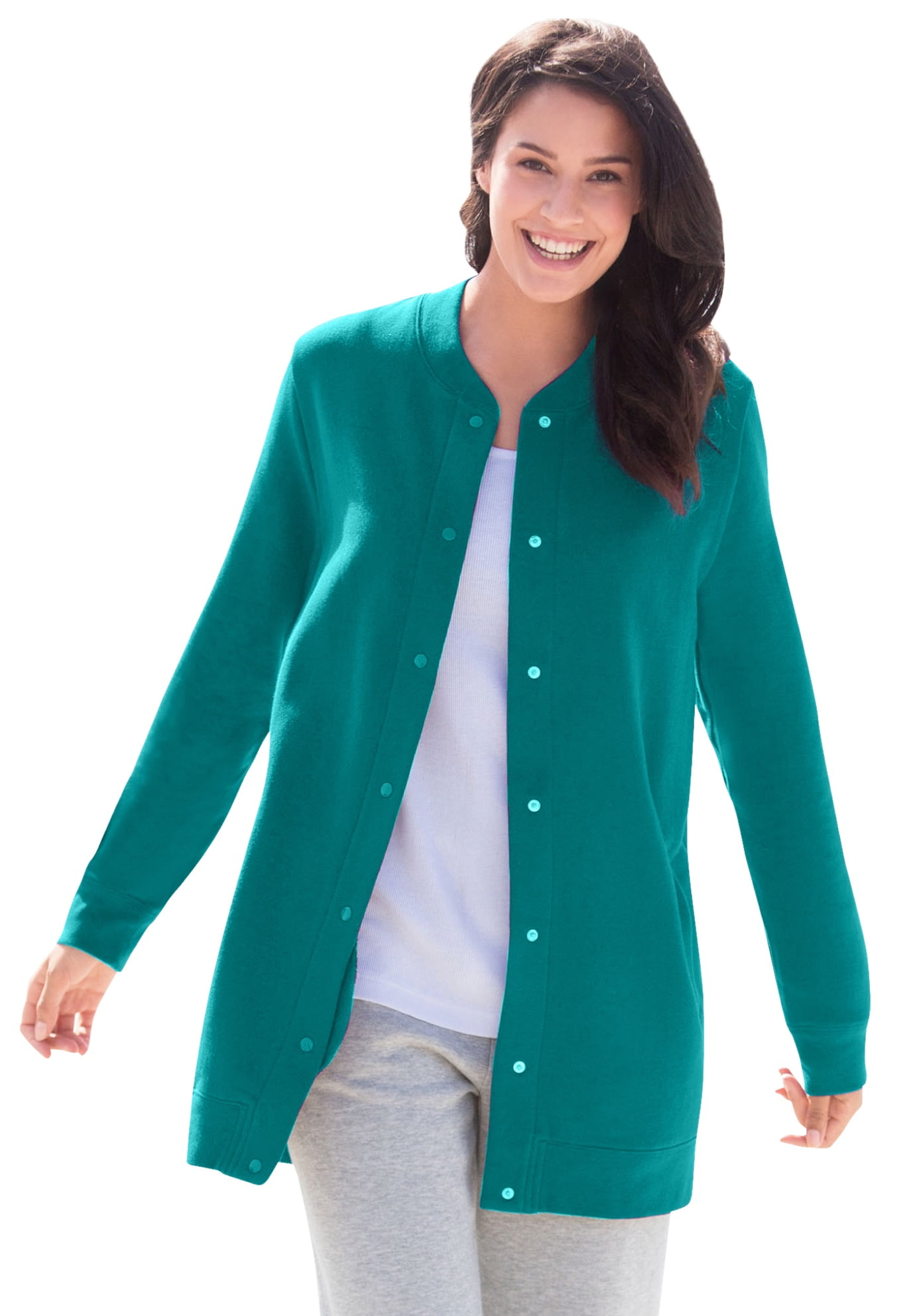 Woman Within Women's Plus Size Fleece Baseball Jacket L, Waterfall