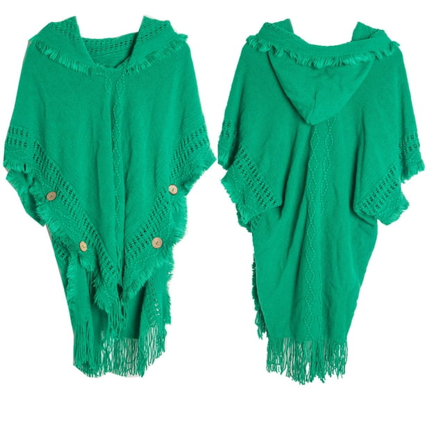 Capa de mujer, chal de color liso a la moda para mujer, estilo europeo, para primavera e invierno, de punto de talla grande, con botones y capucha.