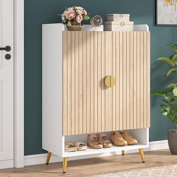 Armoire à Chaussures avec Portes, Armoire de Rangement pour Chaussures à 7 Niveaux avec Tablettes Ajustables, Étagère à Chaussures en Bois Organisateur de Rangement pour Chaussures pour Entrée, Couloir, Garde-Robe, Salon, Bois et Or