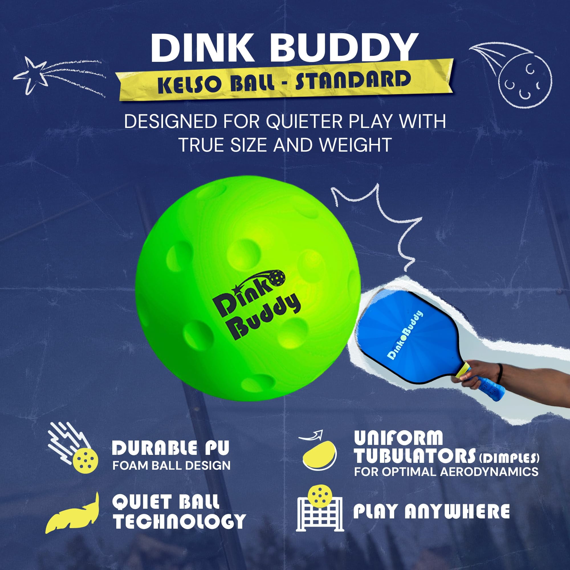 Dink Buddy - Standard Kelso Pickleball, PU Foam Pickleball Balls for Reduced Noise, Enhances Hand-Eye Coordination, Indoor & Outdoor Use, 6-Pack 74-mm Lime Green Balls
