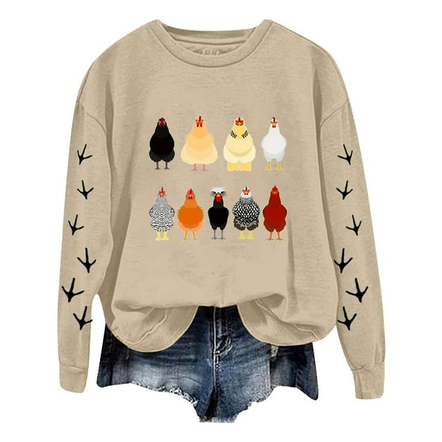 LUOGENLI Chandails pour Femmes Graphiques Automne Surdimensionnés Femmes Manches Longues Col Rond Chandails à Imprimé Poulet Chandail Léger Ample Chandails Chandail pour Femmes Graphique pour Femmes Beige Taille TTG