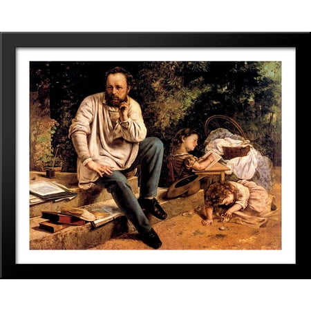 Pierre Joseph Proudhon and his children in 1853 36x28 Large Black Wood Framed Print Art by Gustave Courbet