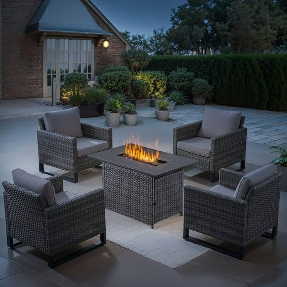 PARKWELL 5 Pieces Patio Rattan Furniture with 41" Fire Pit Table and Deep Seat Lounge Accent Armchairs,Gray Wicker and Gray Cushions