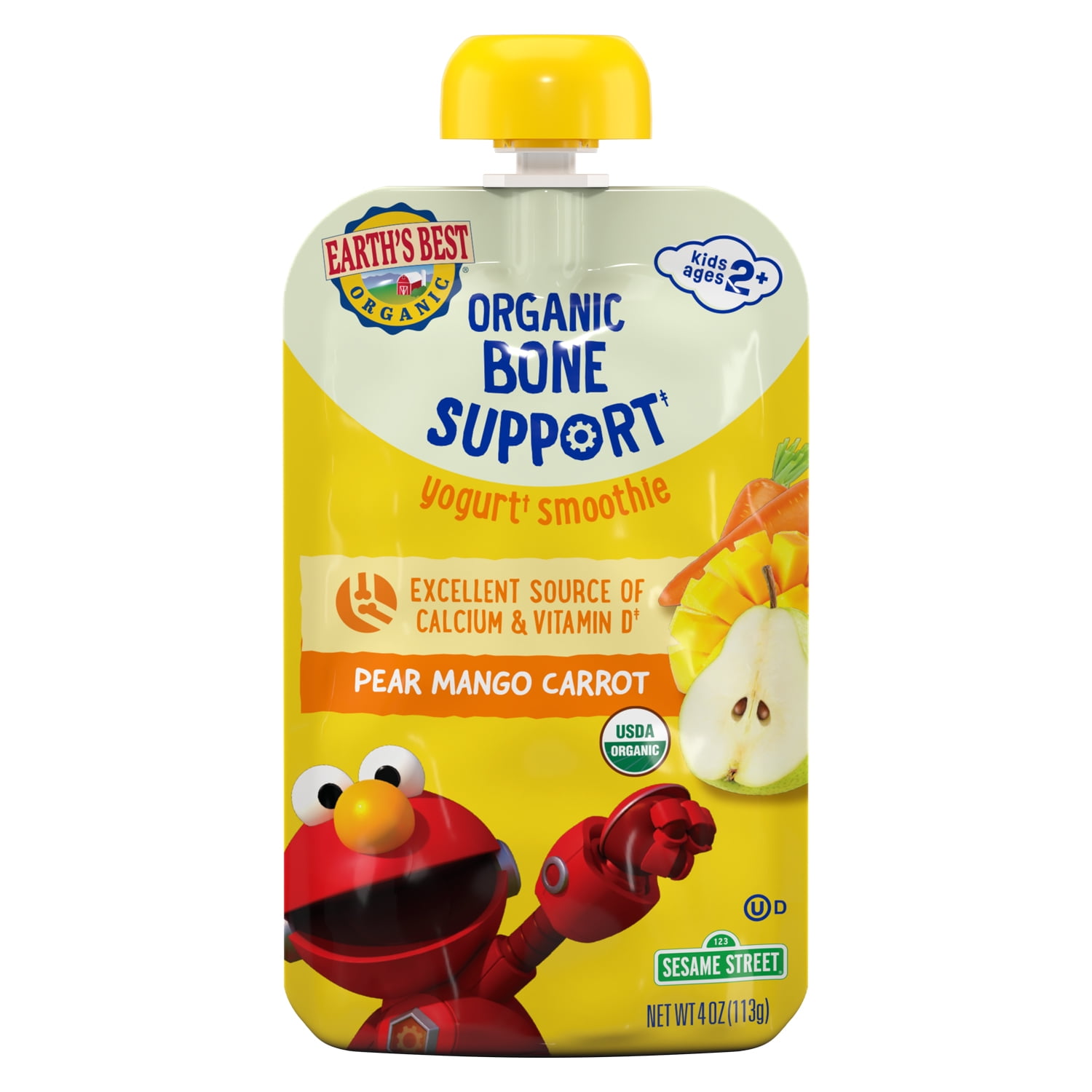 (6 pack) Earth's Best Organic Bone Support Toddler Food, Pear Mango Carrot Yogurt Smoothie, 4 oz Pouch