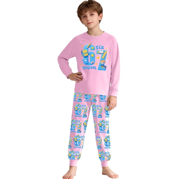 Kids Outfits Set 6 7 Six Seven Letter Outfits Set Comfortable Girls 67 Doodle Print Long Sleeve Homewear Soft Two Piece Sleepwear Light Pink 6-7 Years