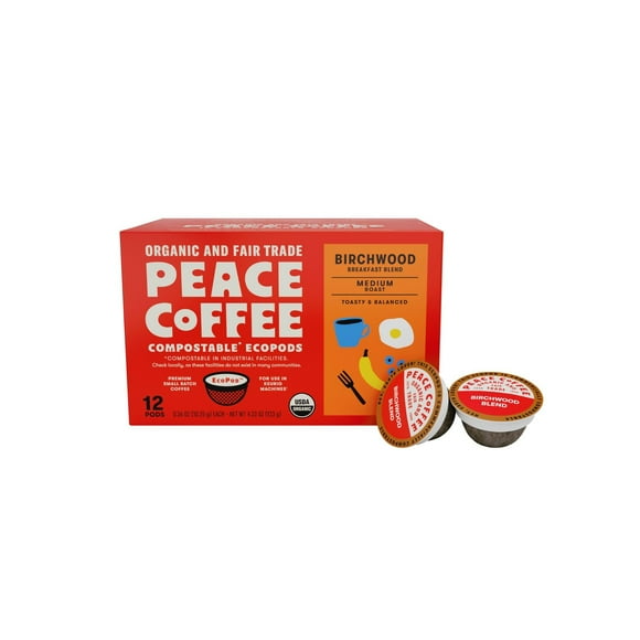 Peace Coffee Birchwood AJH3Compostable Coffee Pods | Breakfast Blend, Medium Roast | Organic Fair Trade | Shade Grown, Fresh Roasted | 12 Count