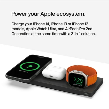 Belkin - Boost Charge Pro 3-in-1 Wireless Charging Pad with MagSafe for iPhone 14/13/12 Series Devices - Black