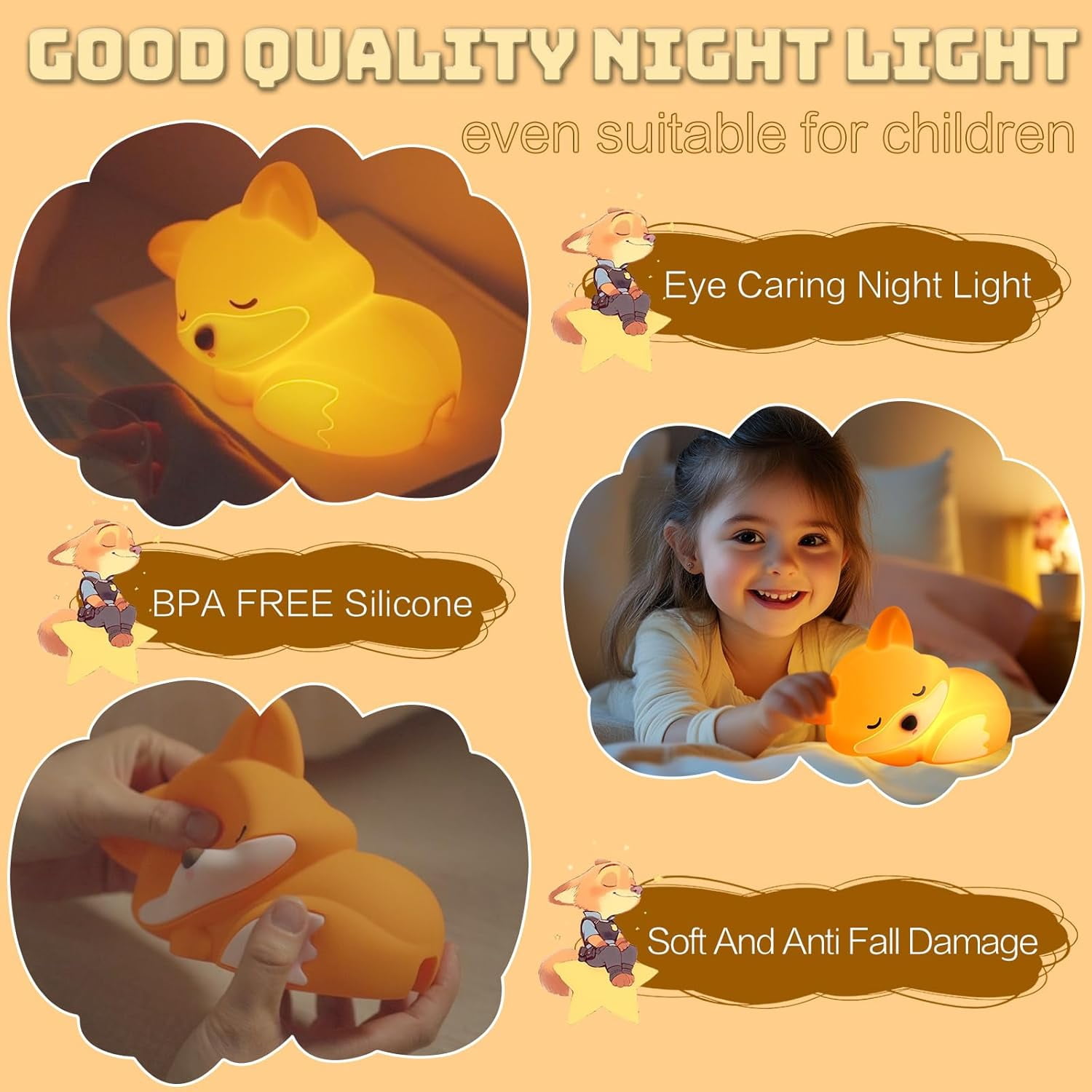 BIBEARBIBEAR Cute Fox Lamp, Fox Night Light for Kids, Squishy Rechargeable Dimmable Toy, Baby Nursrery Nightlight, Woodland Animal Décor, Xmas White Elephant Gifts, Touch Light Up Foxes