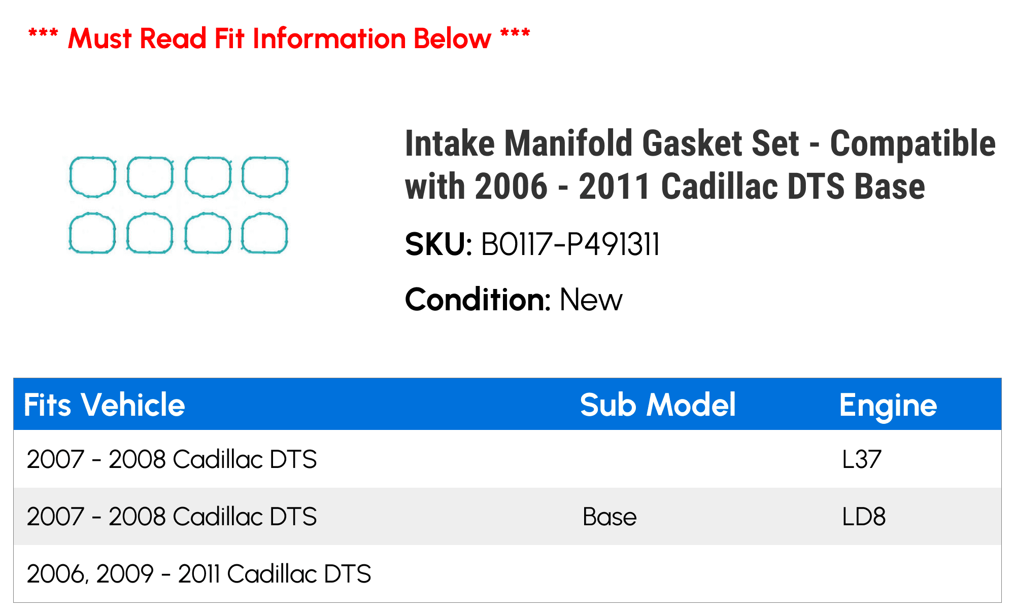 Intake Manifold Gasket Set - Compatible with 2006 - 2011 Cadillac DTS Base 2007 2008 2009 2010
